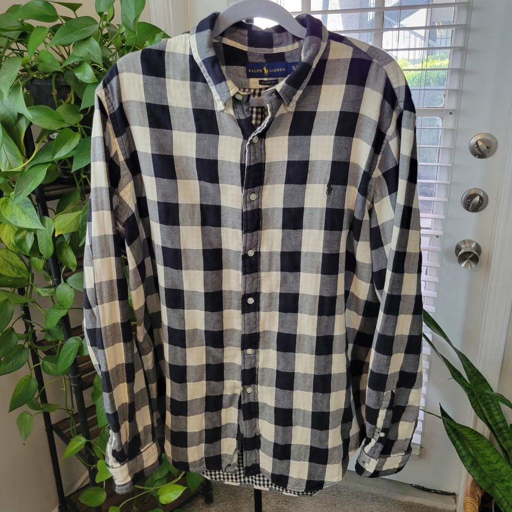 Ralph Lauren Mens XXL Classic Fit Buffalo Check Flannel Button Down Shirt Black